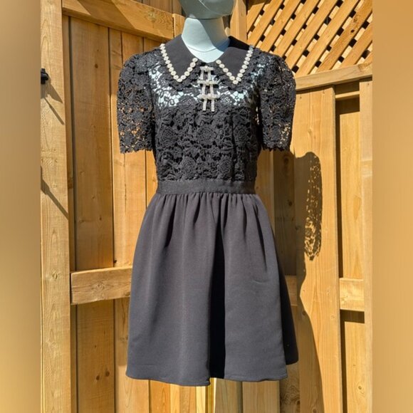 🆕 SELF PORTRAIT 🧿 NWOT Black Guipure Diamante Lace Mini Dress - Sz UK 10 US 6 - Picture 3 of 15